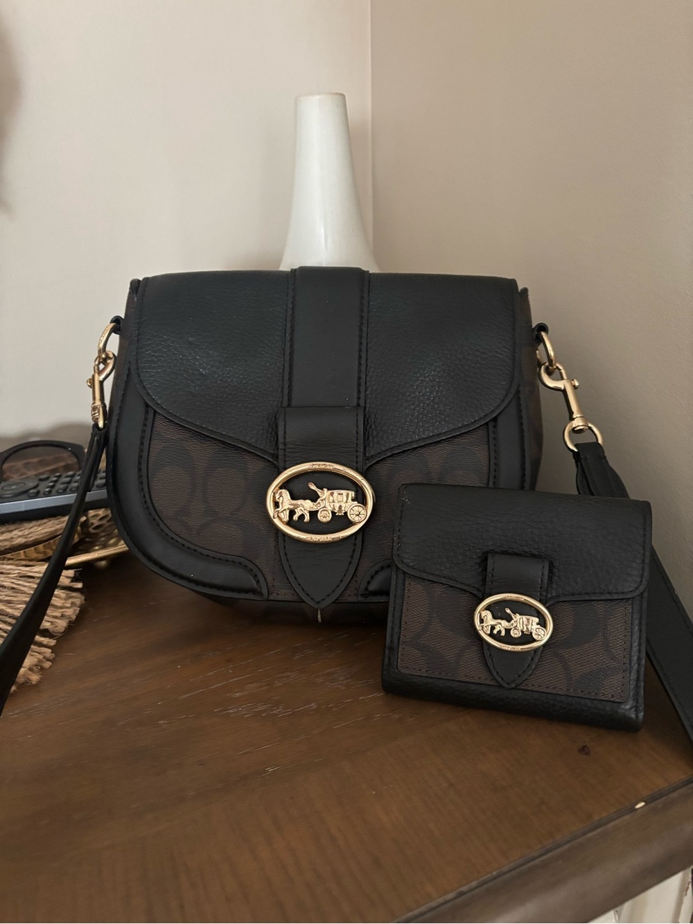 Coach Black & Brown Signature Saddle Crossbody with Matching Wallet